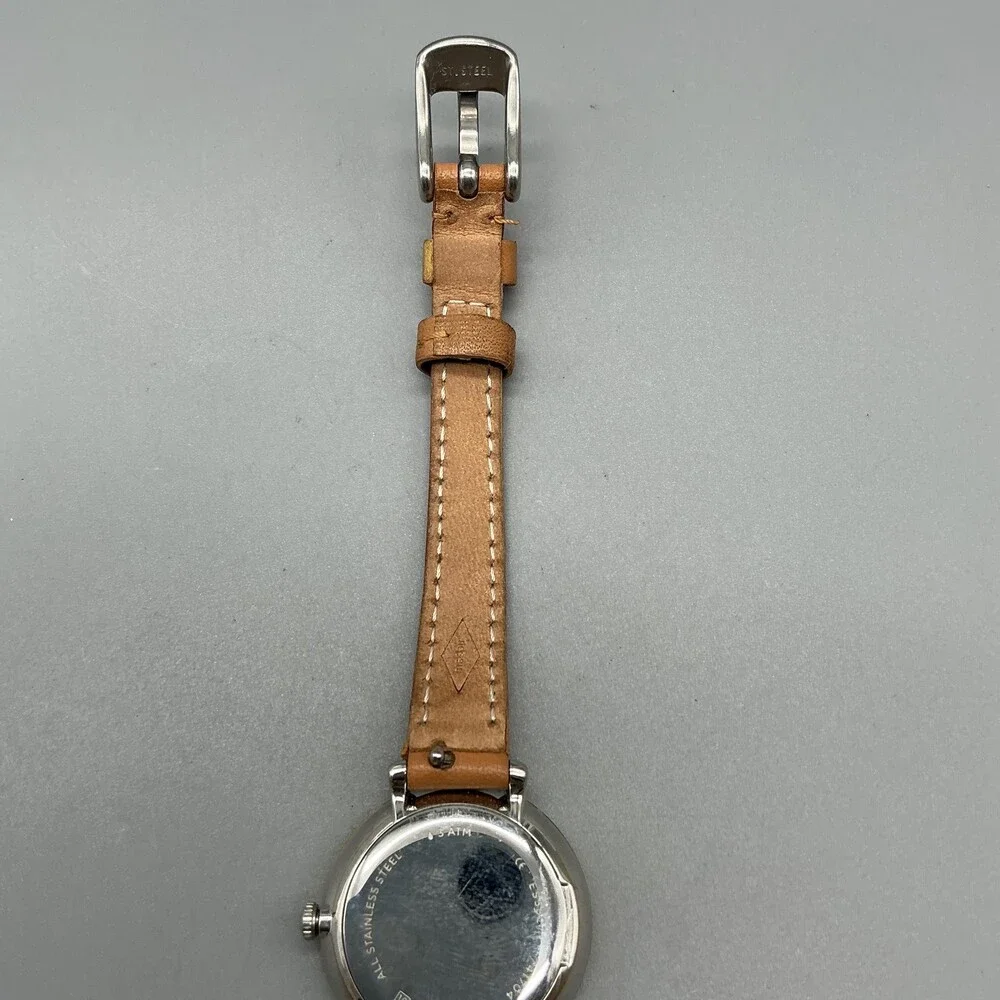 Fossil ES3791 Womens Watch 27mm Silver Dial Gold Tone Brown Leather New Battery